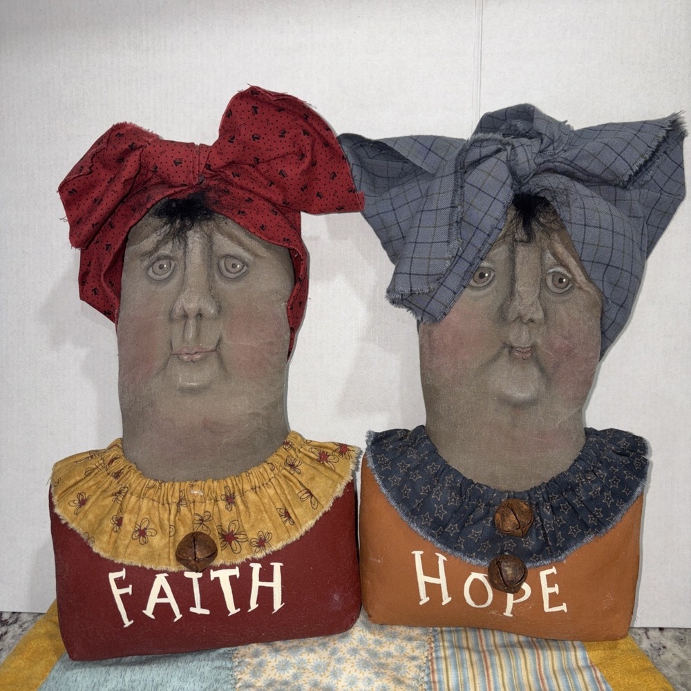 Handcrafted Folk Art Primitive Style Americana Doll Busts/Doorstops Vintage